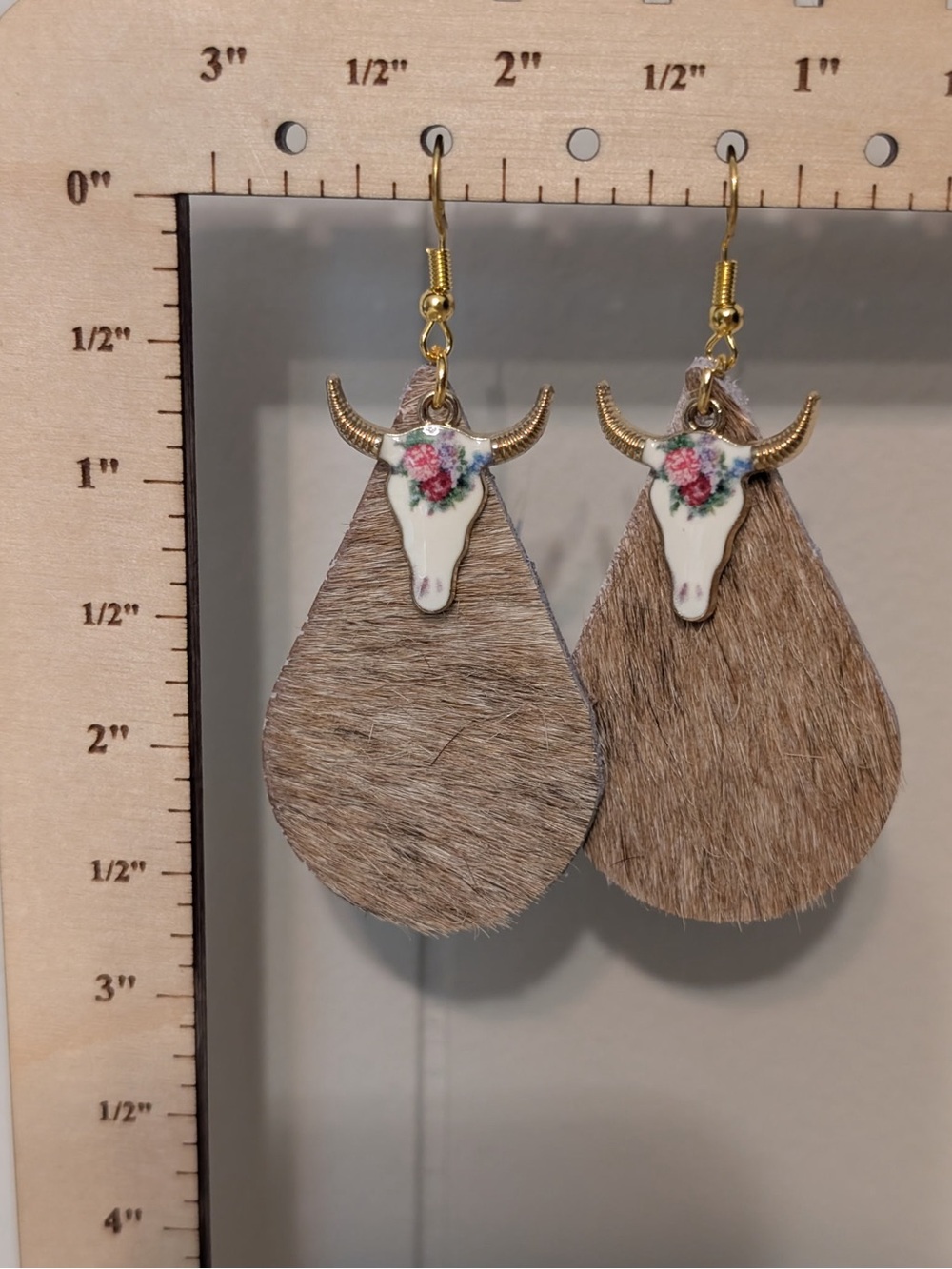 Floral Bull Skull Teardrop Faux Fur Earrings - Brown Handmade
